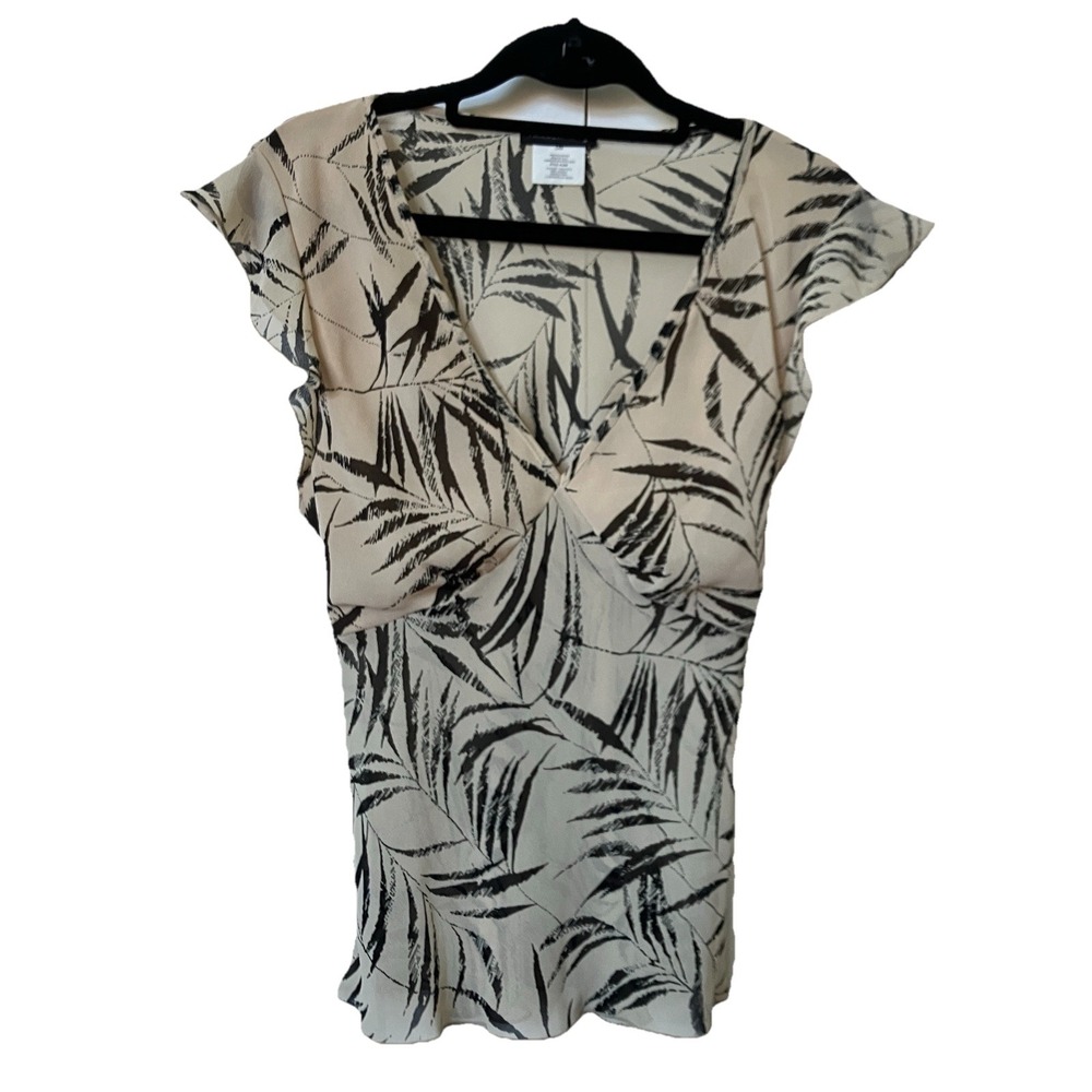 Fairweather Womens Tropical Palm Print Flutter Sleeve V-Neck Tie Back Blouse L